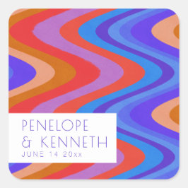 Bright Groovy Retro Blue Lila Bröllop Anpassningsb Fyrkantigt Klistermärke