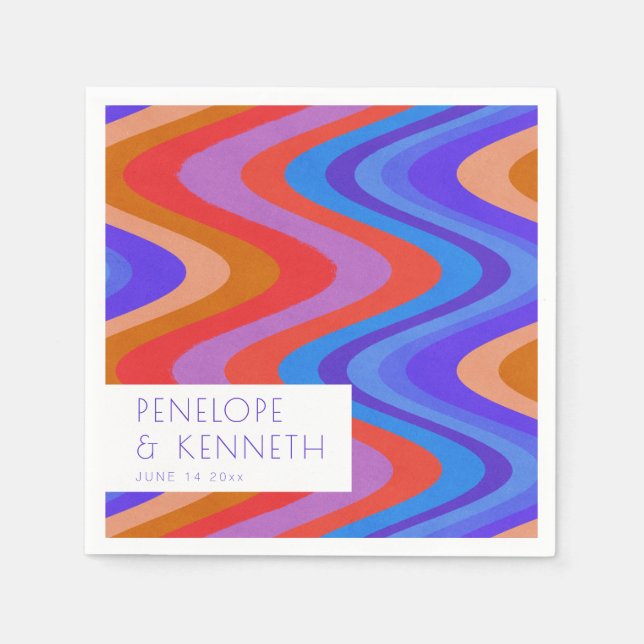 Bright Groovy Retro Blue Lila Bröllop Anpassningsb Pappersservett (Framsidan)