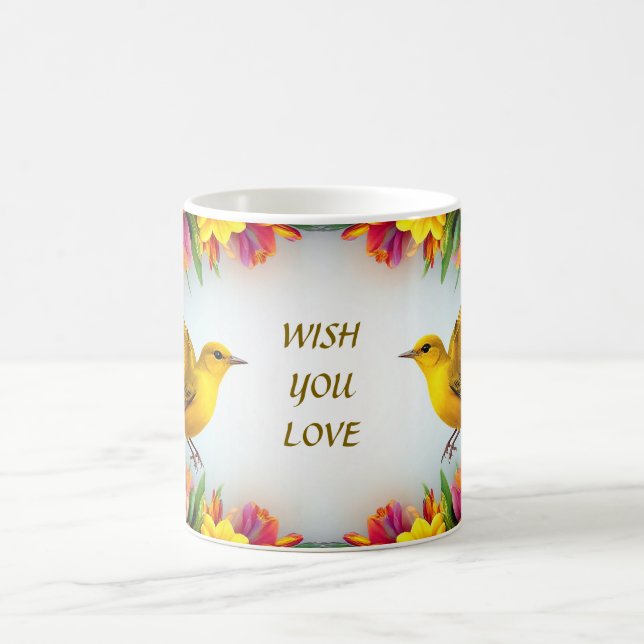 Bright Gult Birds i Vibrant Blommigt Ram Kaffemugg (Center)