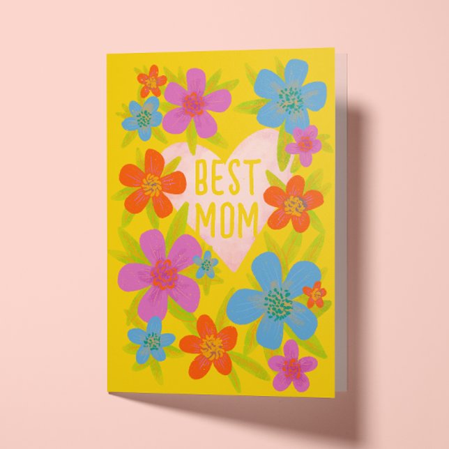 Bright Gult Blommigt Bästa Mamma Mors dag Kort (Skapare uppladdad)
