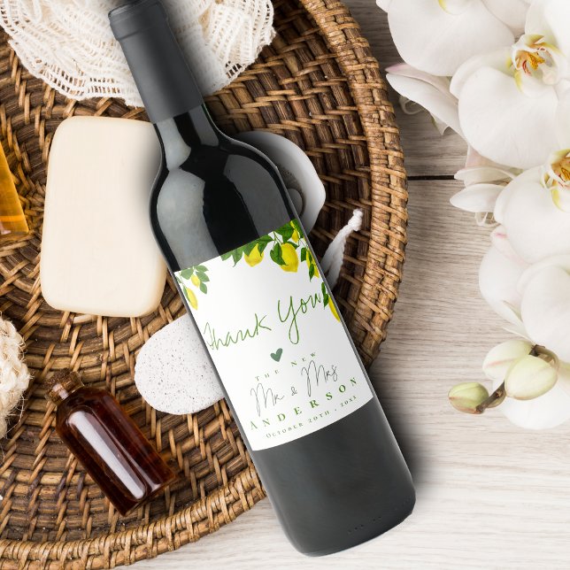 Bright Gult Citrus Citrus, Mrs. Wedding Favor Vinflaska Etikett (Skapare uppladdad)