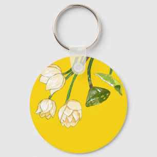 Bright Gult Lotus Flowers & Lotus Seedpod Nyckelring