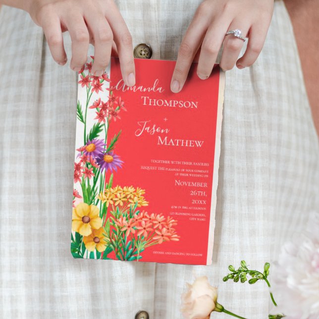 Bright Gult Orange Lila Wildblommor Bröllop Magnetisk Inbjudningskort (Bright Yellow Orange Purple Wildflowers Wedding Magnetic Invitation)