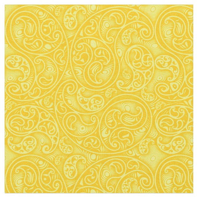 Bright Gult Paisley Boteh Swirls och Spiral Tyg (Närbild)
