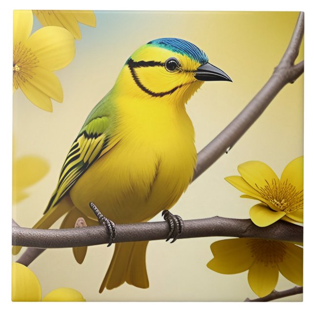 Bright Gult Songbird Perched on a Gren Kakelplatta (Framsidan)