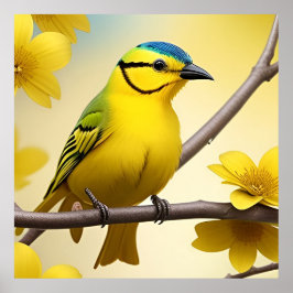 Bright Gult Songbird Perched on a Gren Poster