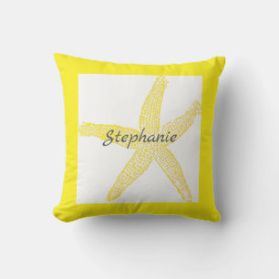 Bright Gult Starfish White Grått Monogram Kudde