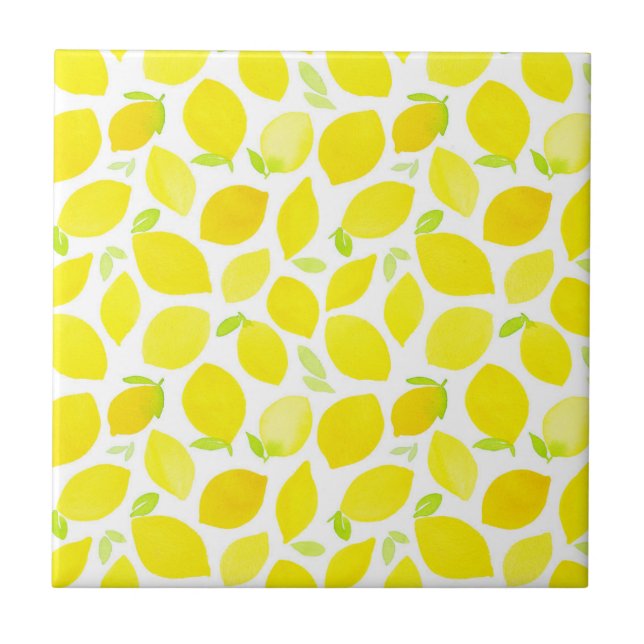 Bright Gult Watercolor Lemon Mönster Kakelplatta (Framsidan)