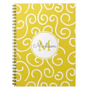 Bright Gult Whimsical Mönster med Monogram Anteckningsbok