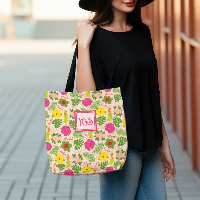 Bright Hawaiian Hula Monogram Art Tygkasse (Tropical Monogram Hawaiian Flower Aloha Hula Woman Tote Bag)