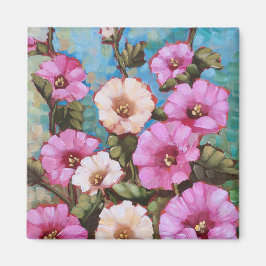 "Bright Hollyhocks" 2" Square Magnet