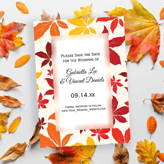 Bright Höst löv Bröllop spara datum Spara Datumet (Set a warm Autumnal tone with the seasonal Bright Fall Leaves Wedding Save the Date Cards.)