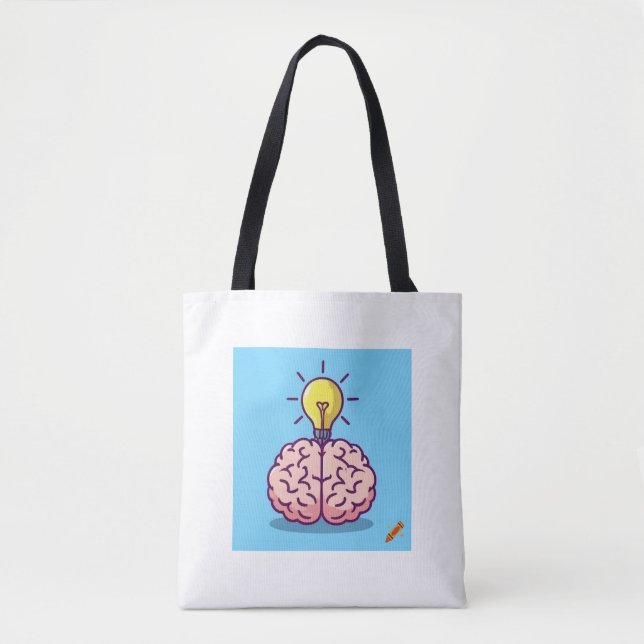 "Bright Ideas Tote Bag: Tecknad Brain and Lightbul Tygkasse (Framsida)