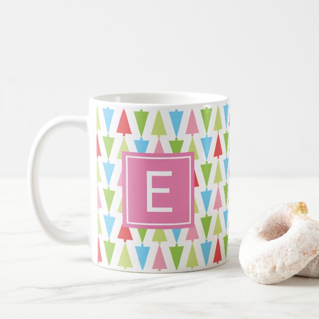 Bright Julgran Mönster Girly Rosa Monogram Kaffemugg (Med munk)