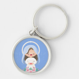 Bright Kawaii Virgin Mary Holding Heart - Light Bl Rund Silverfärgad Nyckelring