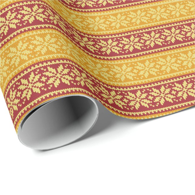 Bright Knitted Julsnöflake Red Gult Presentpapper (Rullad Hörn)