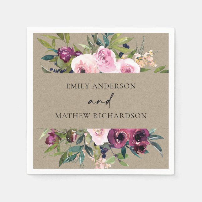 BRIGHT KRAFT  BURGUNDY BLOMMIGT BUNCH BRÖLLOP PAPPERSSERVETT (Framsidan)