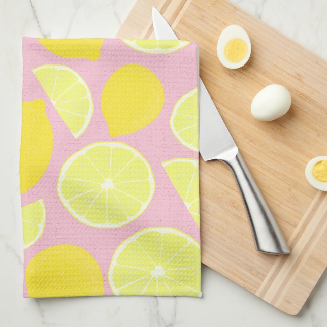 Bright Lemon Design på mjuk Rosa - bakgrund Kökshandduk (Vikt i Fjärdedel)