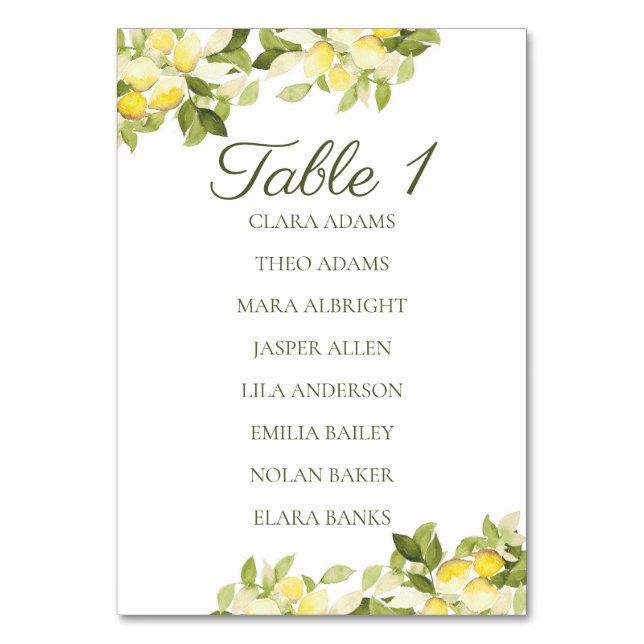 Bright Lemon Fresh Numeric Seating Chart Card Bordsnummer (Framsidan)