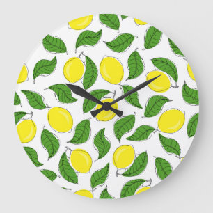 Bright Lemons Grönt Löv Mönster Stor Klocka