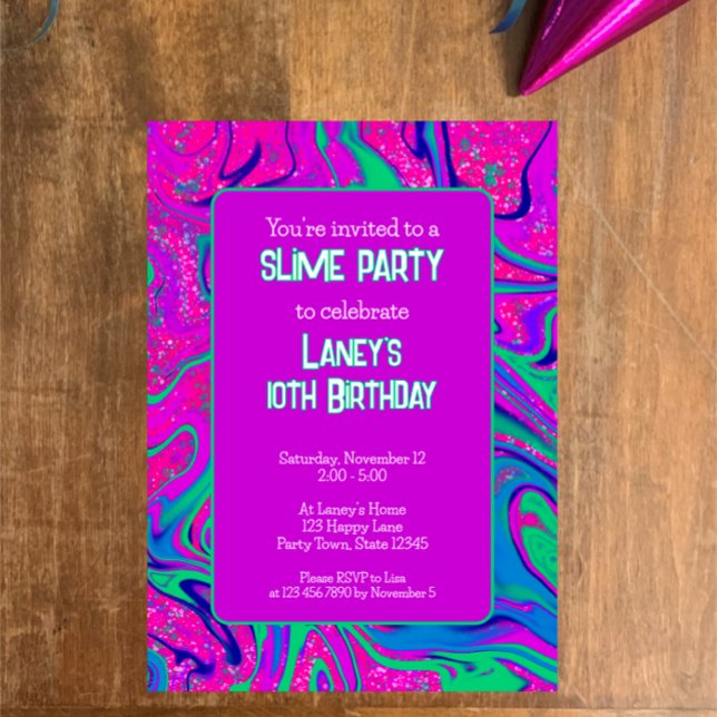 Bright Lila Rosa Glitter Birthday Slime Party Inbjudningar (Custom cool groovy wavy purple pink slime birthday party invitation template. Sparkle girly party
)