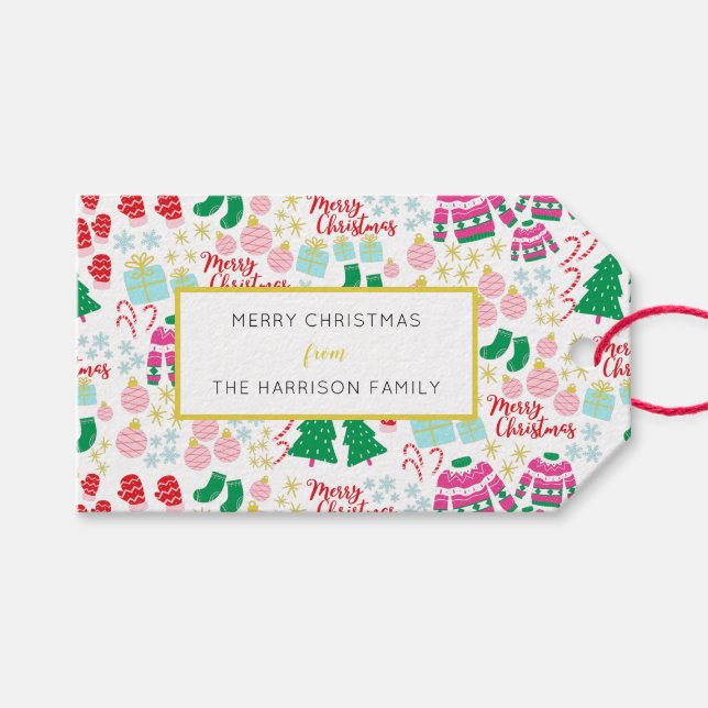 Bright Lycklig jul Mönster Presentetikett (Framsidan (Horisontell))