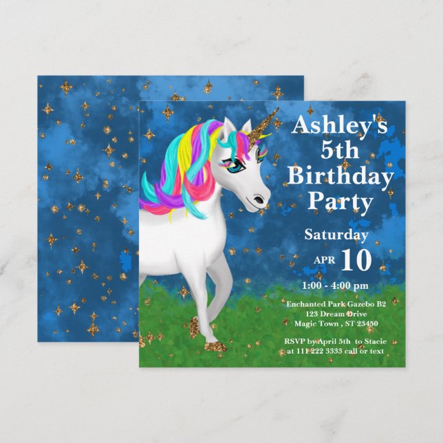 Bright Magic Unicorn 5:e Födelsedagsfesten Inbjudningar (Fram/baksida)