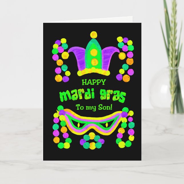 Bright Mardi Gras Card for Son on Black Kort (Framsida)