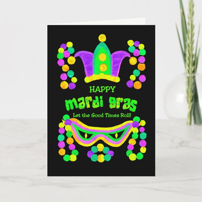 Bright Mardi Gras Card på Black, Krona Mask Pärlor Kort (Framsida)