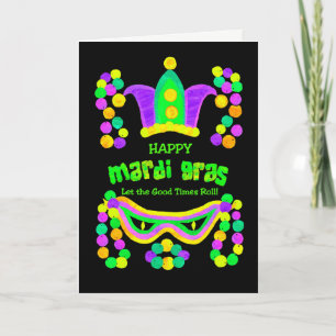 Bright Mardi Gras Card på Black, Krona Mask Pärlor Kort