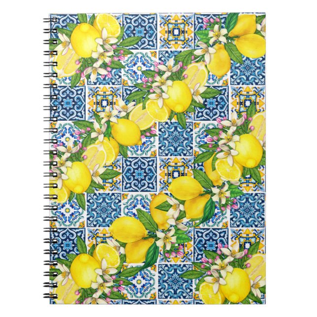 Bright Mediterranean Sicilian Tiles Citrus Lemons Anteckningsbok (Framsidan)