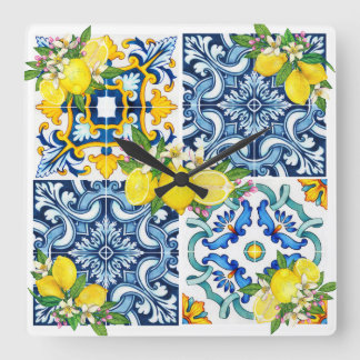 Bright Mediterranean Sicilian Tiles Citrus Lemons Fyrkantig Klocka