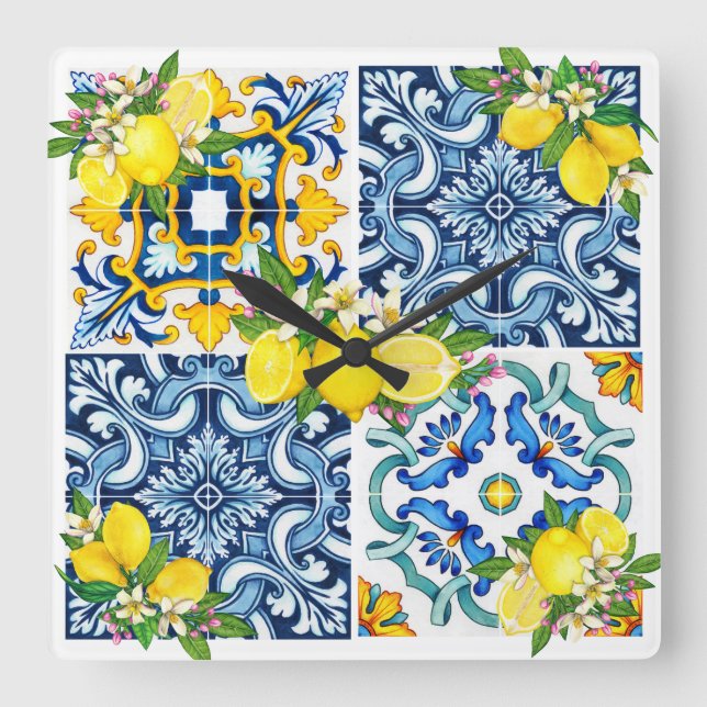 Bright Mediterranean Sicilian Tiles Citrus Lemons Fyrkantig Klocka (Framsida)