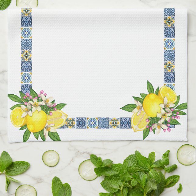 Bright Mediterranean Sicilian Tiles Citrus Lemons Kökshandduk (Vikta)