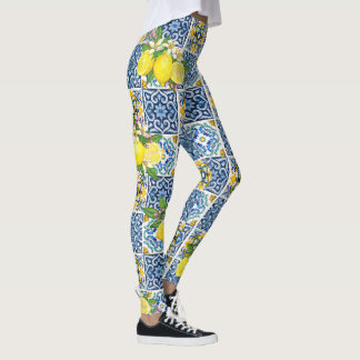 Bright Mediterranean Sicilian Tiles Citrus Lemons Leggings