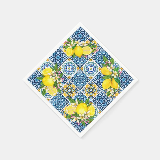 Bright Mediterranean Sicilian Tiles Citrus Lemons Pappersservett (Hörn)