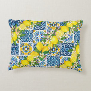 Bright Mediterranean Sicilian Tiles Citrus Lemons Prydnadskudde