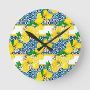 Bright Mediterranean Sicilian Tiles Citrus Lemons Rund Klocka
