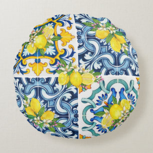 Bright Mediterranean Sicilian Tiles Citrus Lemons Rund Kudde