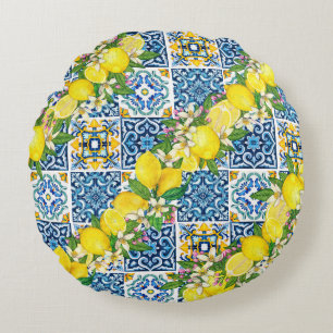 Bright Mediterranean Sicilian Tiles Citrus Lemons Rund Kudde