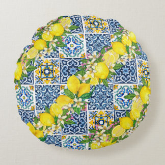 Bright Mediterranean Sicilian Tiles Citrus Lemons Rund Kudde