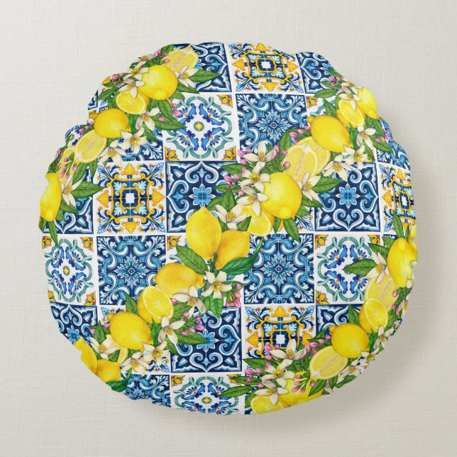 Bright Mediterranean Sicilian Tiles Citrus Lemons Rund Kudde (Framsidan)