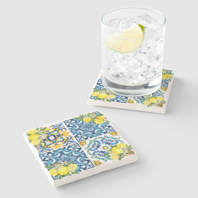 Bright Mediterranean Sicilian Tiles Citrus Lemons  Stenunderlägg (Sidan)