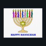 Bright Menorah Vykort<br><div class="desc">En skarp Hannukah-menorah med ord Lycklig Hannukah hälsar helgdag.   Lycklig latke ätande!</div>
