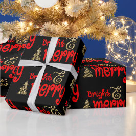 Bright Merry Typography Red Black Guld jul Presentpapper
