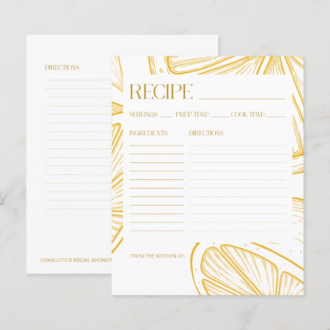 Bright Minimalist Citrus Bridal Shower RECIPE CARD (Fram/baksida)