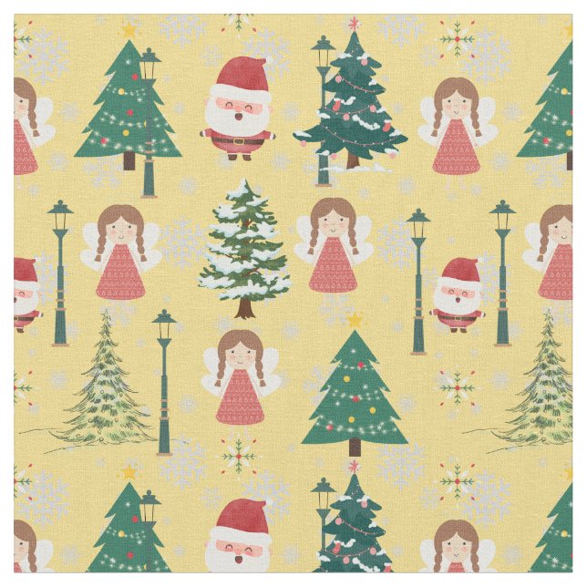 Bright mönster Julafton träd och Santa Red gult Tyg (Närbild)