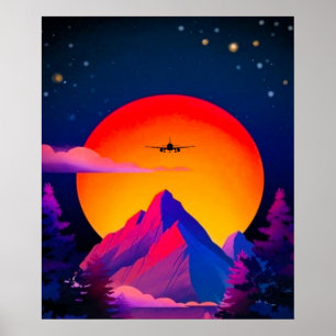 Bright Neon-bergen Sunrise-flygplan Poster