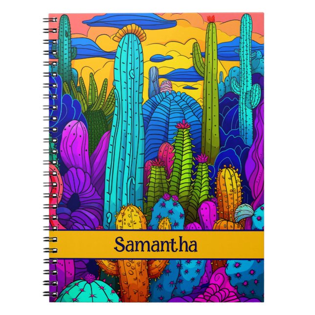 Bright Neon Cactus Vibrant Southwest Illustration Anteckningsbok (Framsidan)