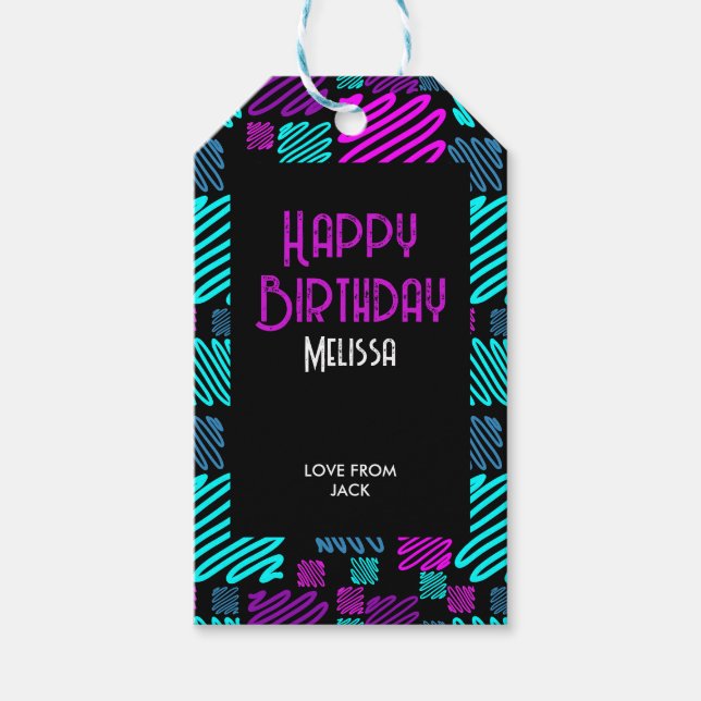 Bright Neon Lila Blue Geometric Birthday Presentetikett (Framsidan)